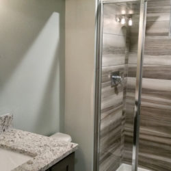Three quarter bathroom with Arizona Tile Africa series porcelain tile, semi-frameless shower door, and granite vanity counter top.