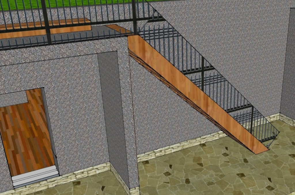 A basement design with a wooden staircase