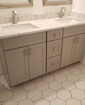 double vanity with light gray cabinet