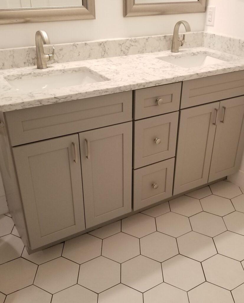 double vanity with light gray cabinet